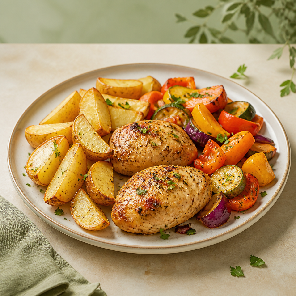 Airfryer-Gericht für zwei mit knusprigen Kartoffeln, Gemüse und Hähnchen